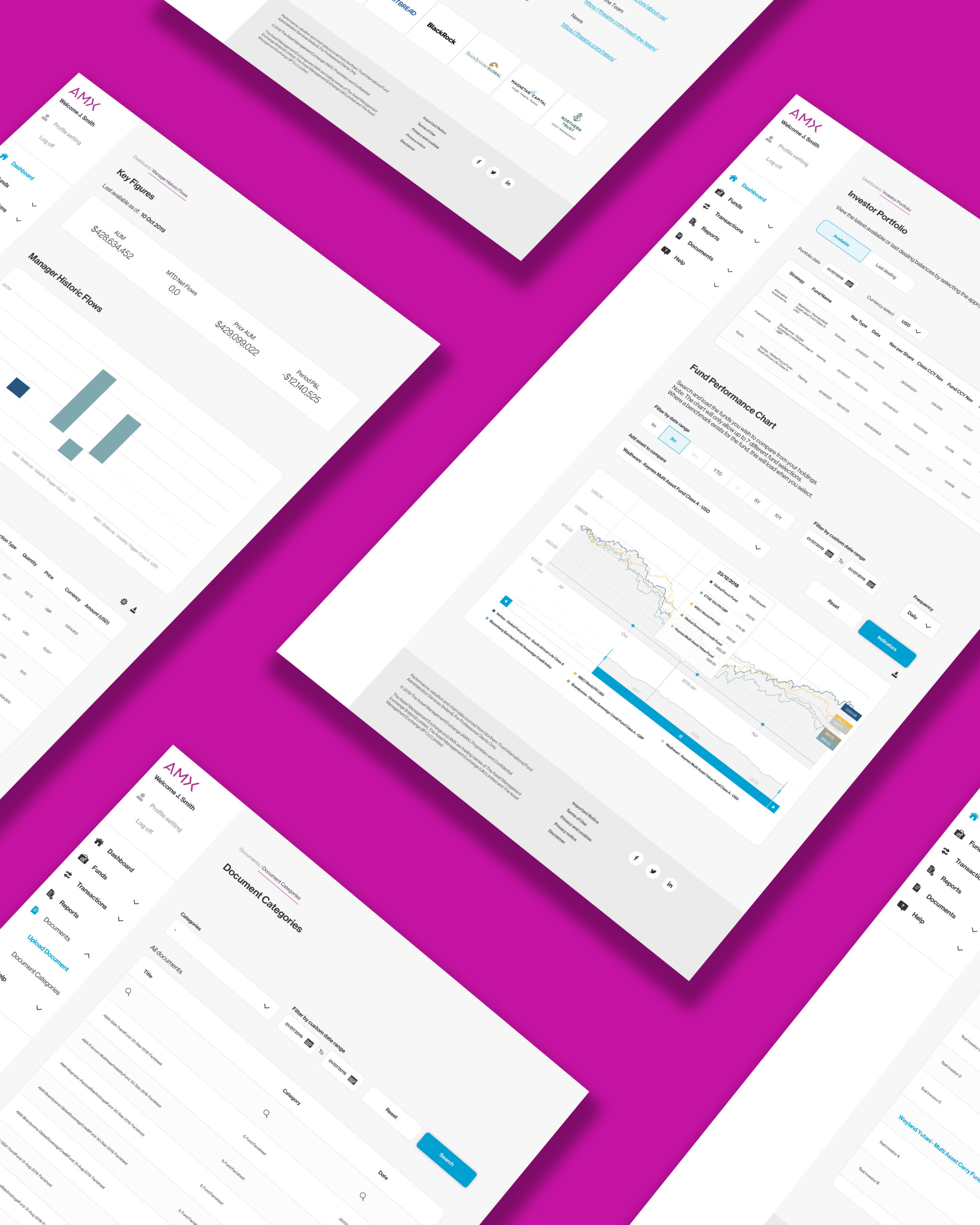 AMX investor portal interface displayed on multiple screens.
