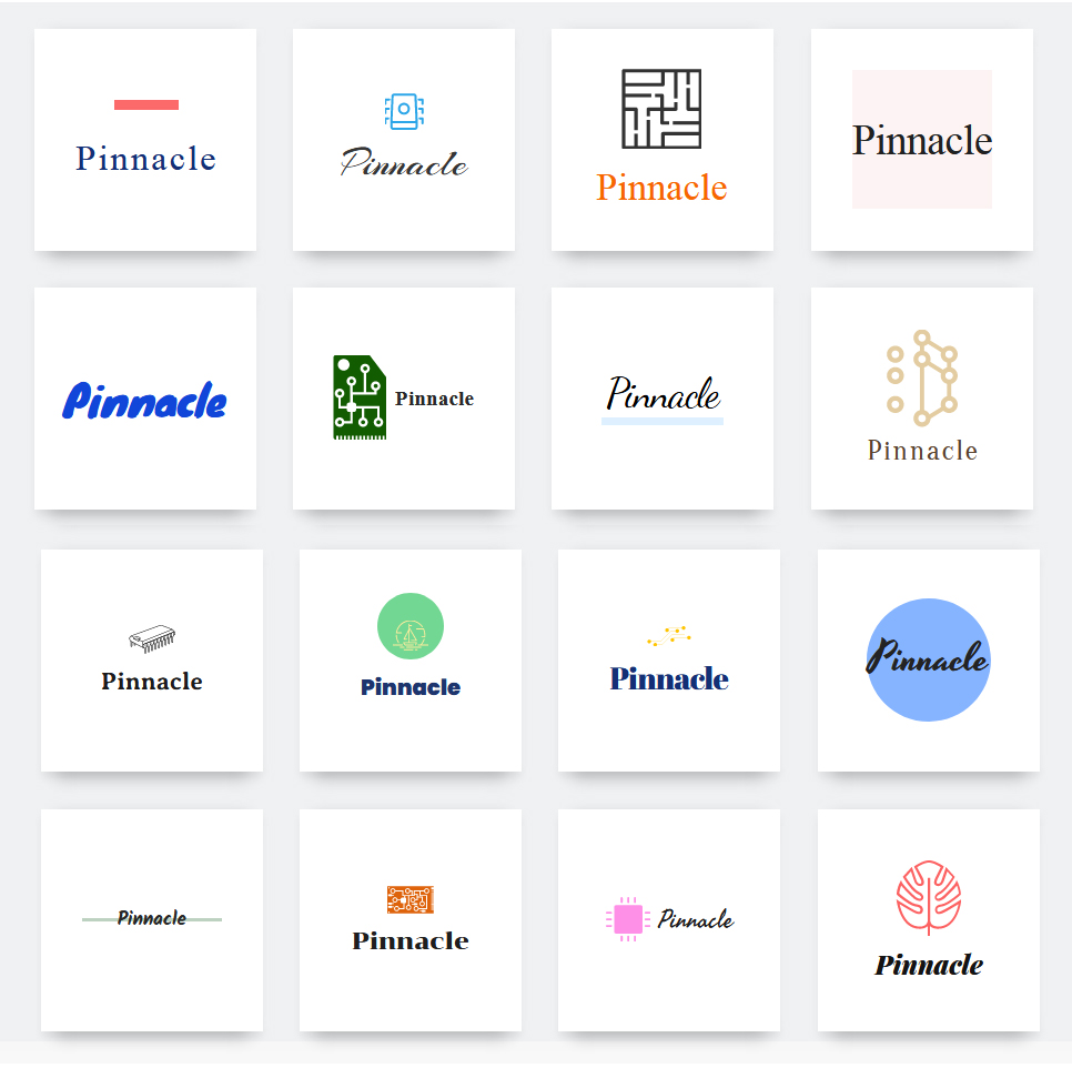 AI-generated logo variations for the brand 'Pinnacle' displayed in a grid.