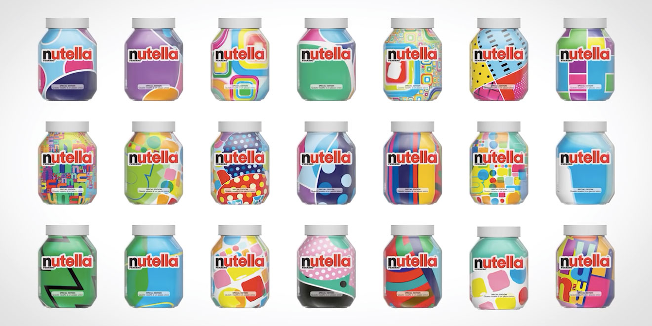 Nutella jars with AI-generated unique packaging designs featuring colourful patterns.