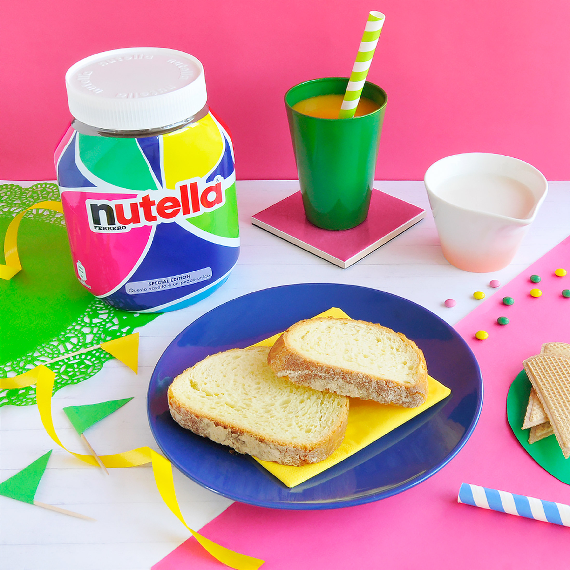 Nutella jar with AI-designed packaging in a bright breakfast setting with bread, juice, and decorations.