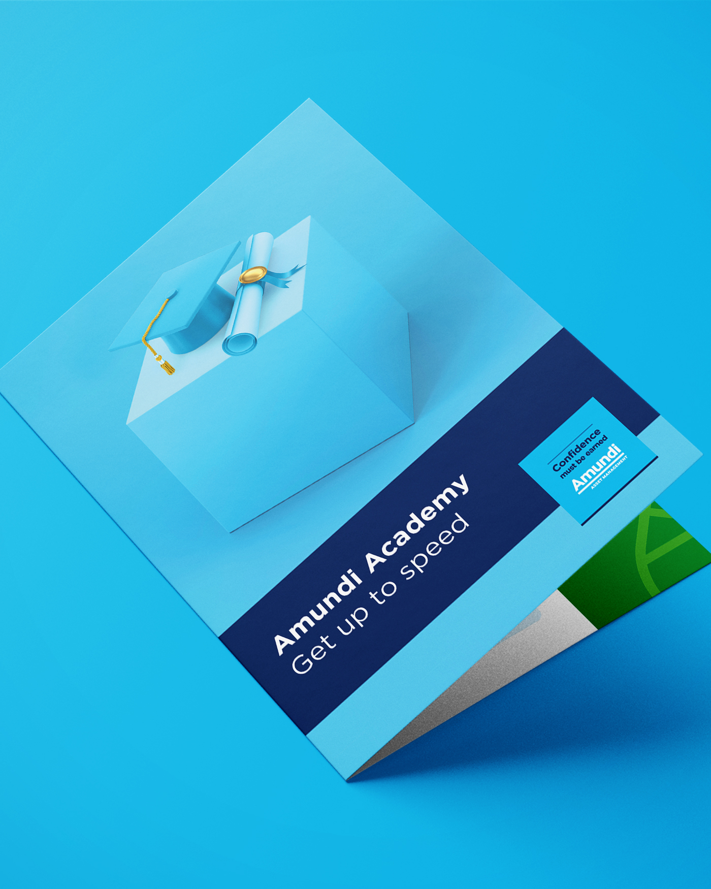 Portrait form: Amundi Academy brochure mockup showcasing educational materials for investment training by Amundi Asset Management.